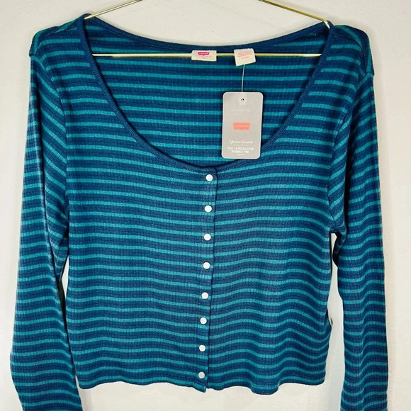 Levi’s Women’s LONG SLEEVE BRITT SNAP FRONT TOP  Green and Navy Stripes Size XL - Picture 7 of 12